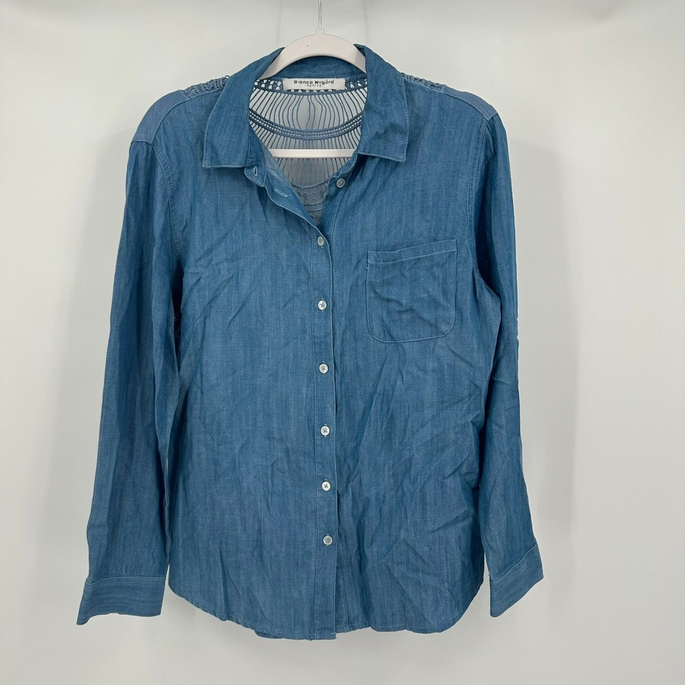 Womens Boho Chambray Top Size MP Crochet Bac Feminine Cottagecore Summer
